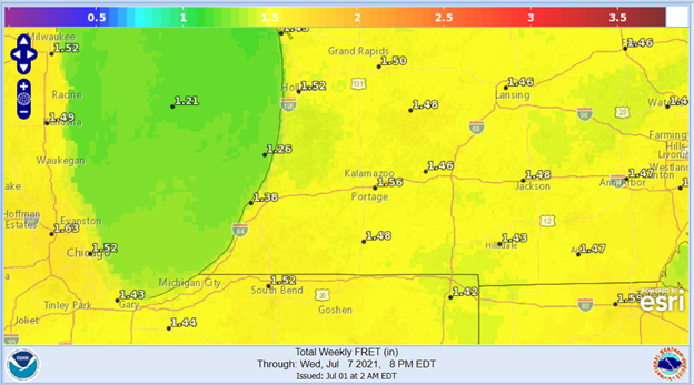 Total weekly forecasted reference evapotranspiration (FRET) July 1-7.